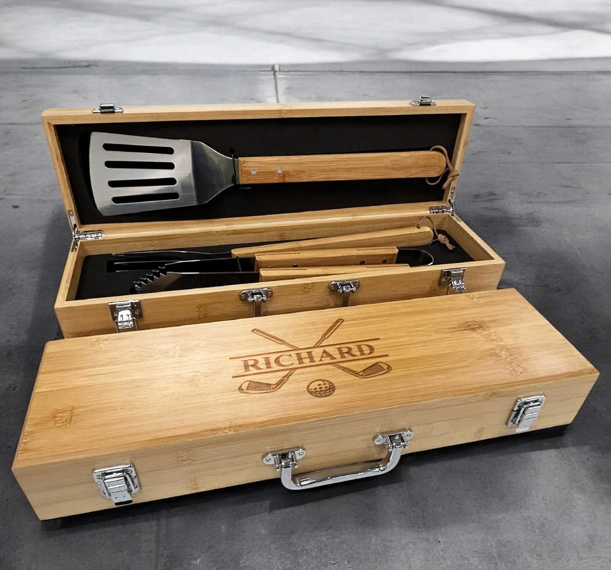 Golf Personalized Bamboo BBQ Case Utensil Set