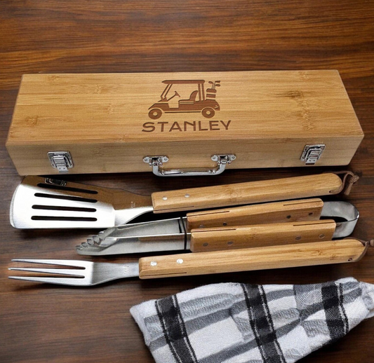 Golf Personalized Bamboo BBQ Case Utensil Set